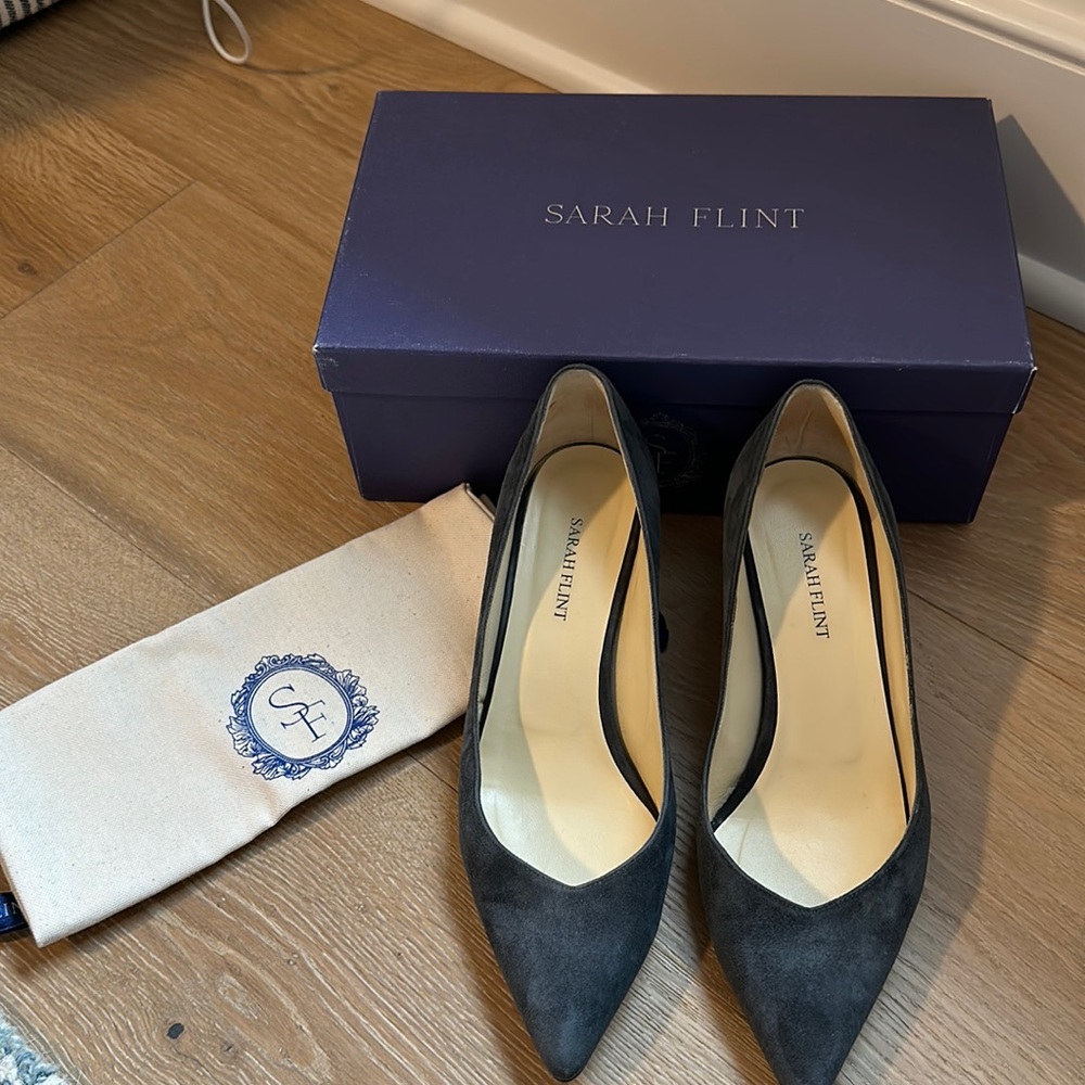Sarah Flint shade block heels. Decorative heel. Grey suede. Size 8.5